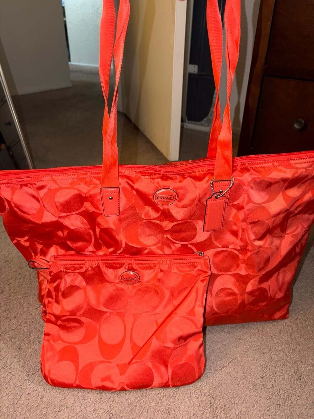Coach Signature Nylon Tote Bag with Matching Pouch Red